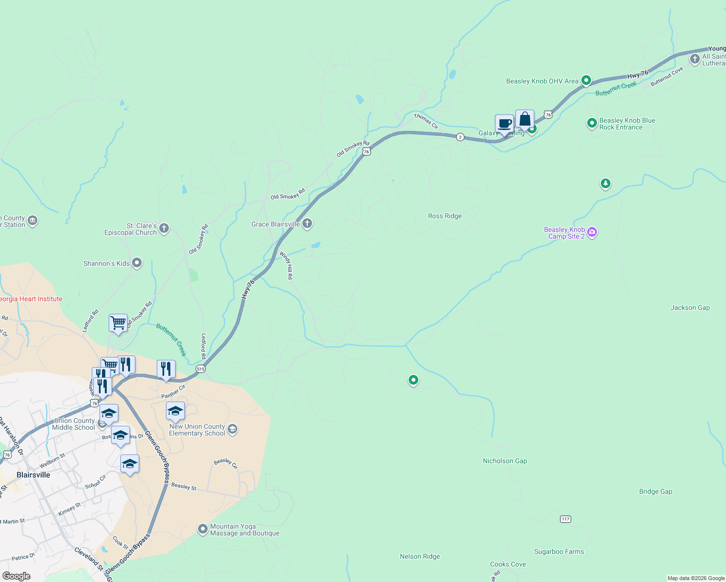 map of restaurants, bars, coffee shops, grocery stores, and more near 11 Wills Way in Blairsville