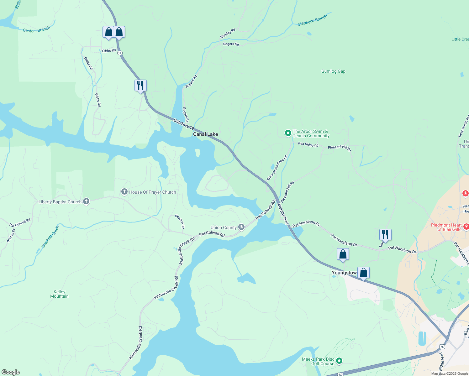 map of restaurants, bars, coffee shops, grocery stores, and more near 49 Cottonwood Road in Blairsville