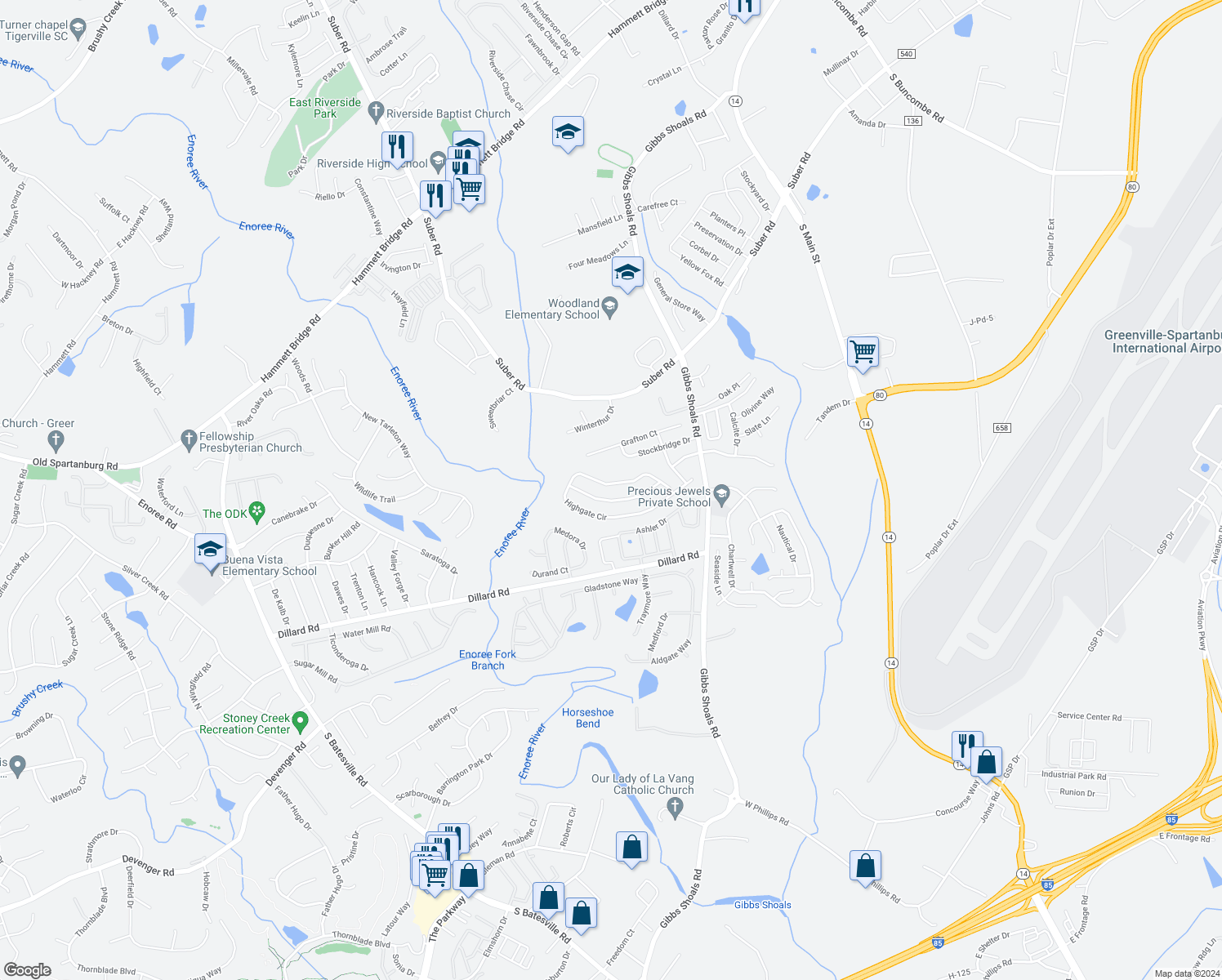 map of restaurants, bars, coffee shops, grocery stores, and more near 324 Highgate Circle in Greer
