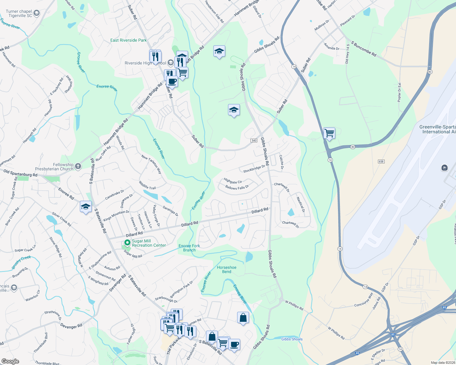 map of restaurants, bars, coffee shops, grocery stores, and more near 311 Highgate Circle in Greer