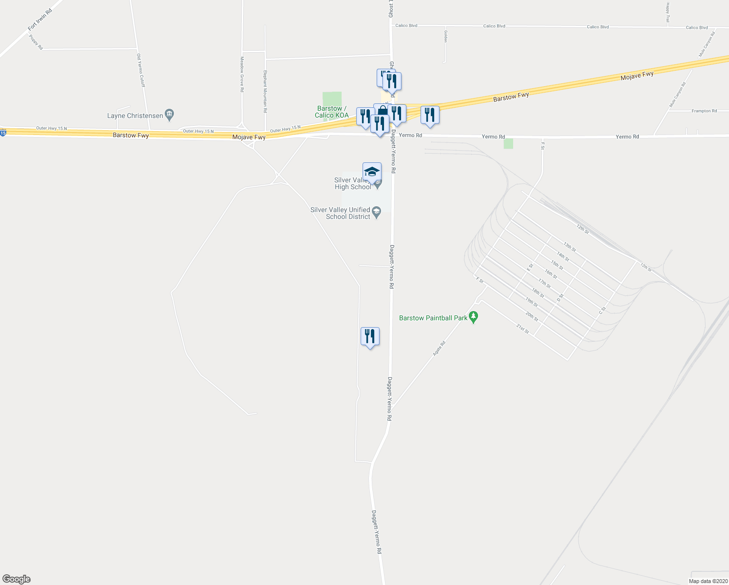 map of restaurants, bars, coffee shops, grocery stores, and more near 35008 Daggett-Yermo Road in Daggett