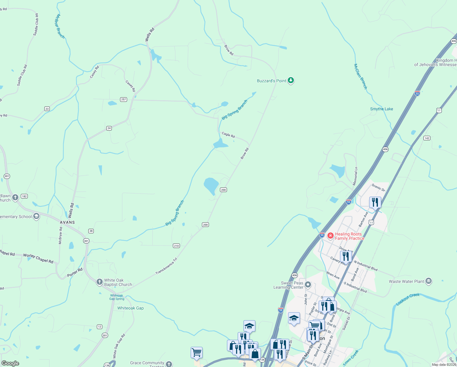map of restaurants, bars, coffee shops, grocery stores, and more near 1310 Brow Road in Trenton