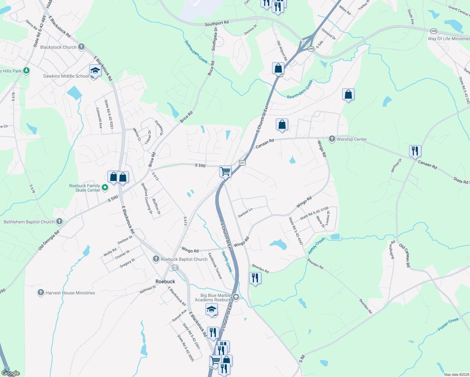 map of restaurants, bars, coffee shops, grocery stores, and more near 133 Benny Lane in Roebuck