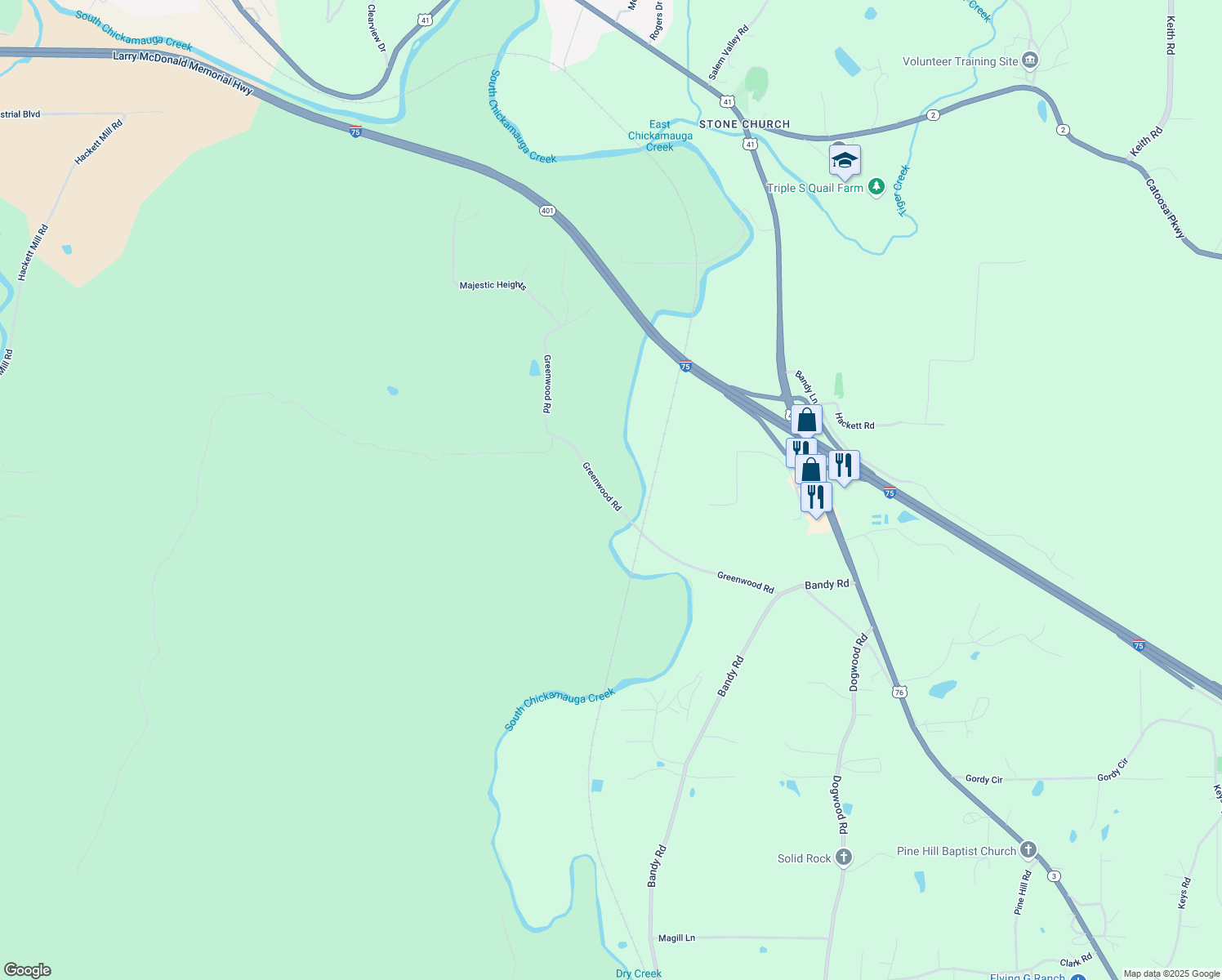 map of restaurants, bars, coffee shops, grocery stores, and more near 827 Greenwood Road in Ringgold