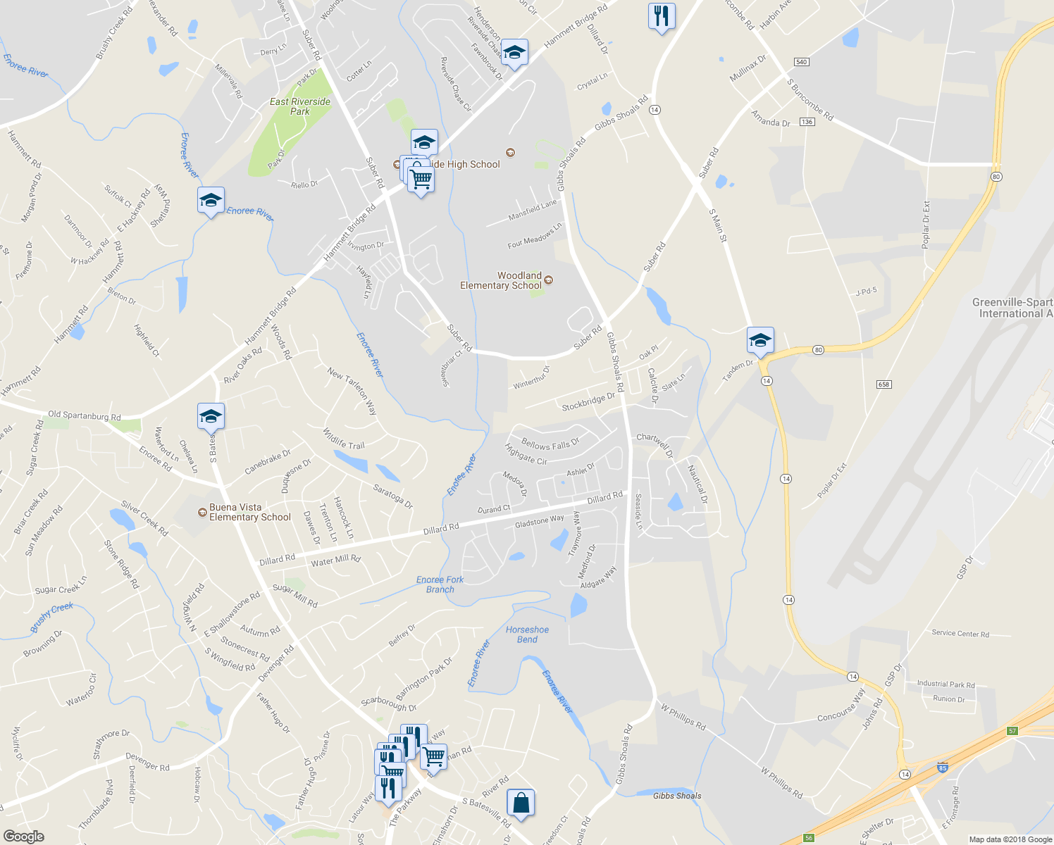 map of restaurants, bars, coffee shops, grocery stores, and more near 311 Highgate Circle in Greer