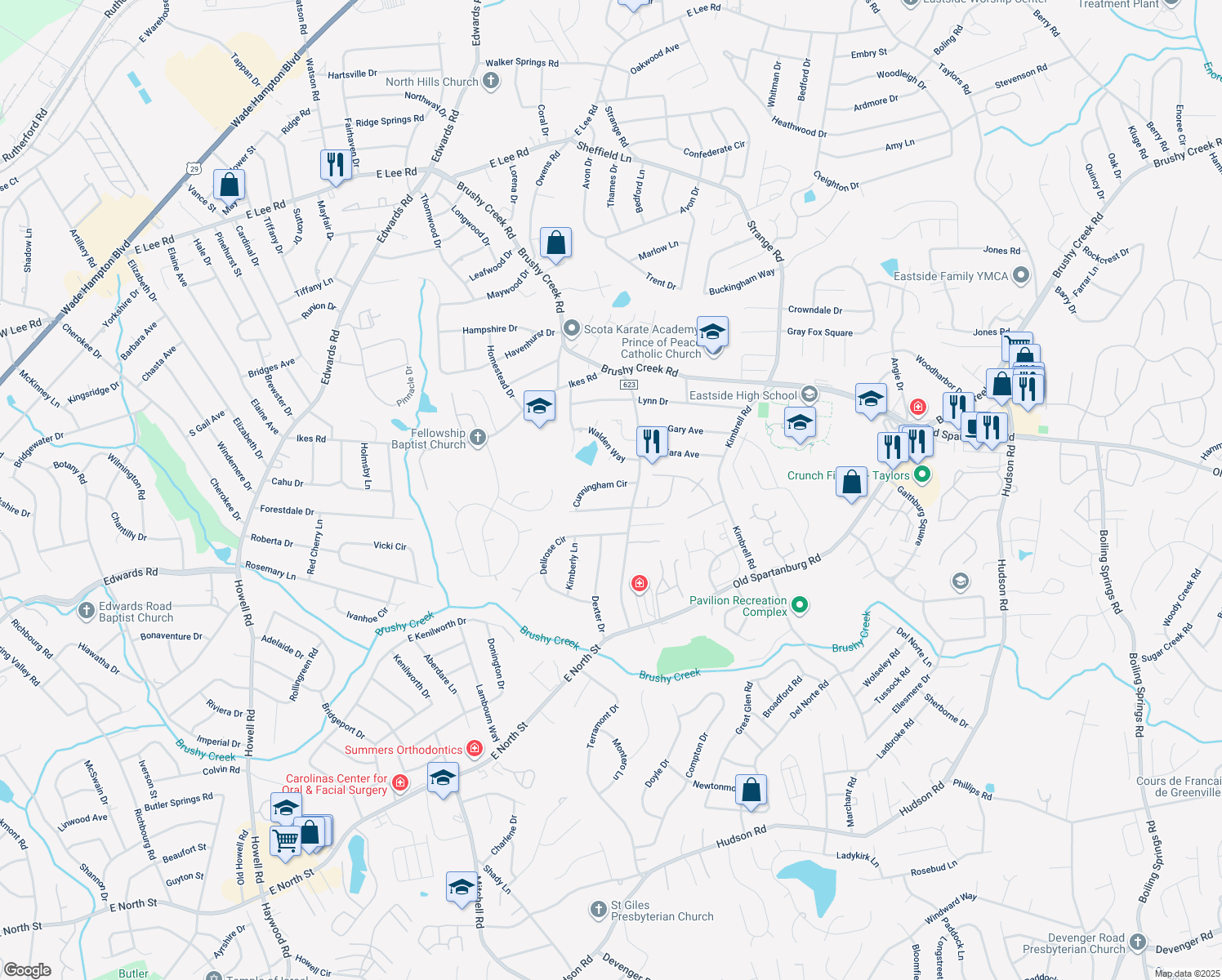 map of restaurants, bars, coffee shops, grocery stores, and more near 7 Cunningham Circle in Taylors