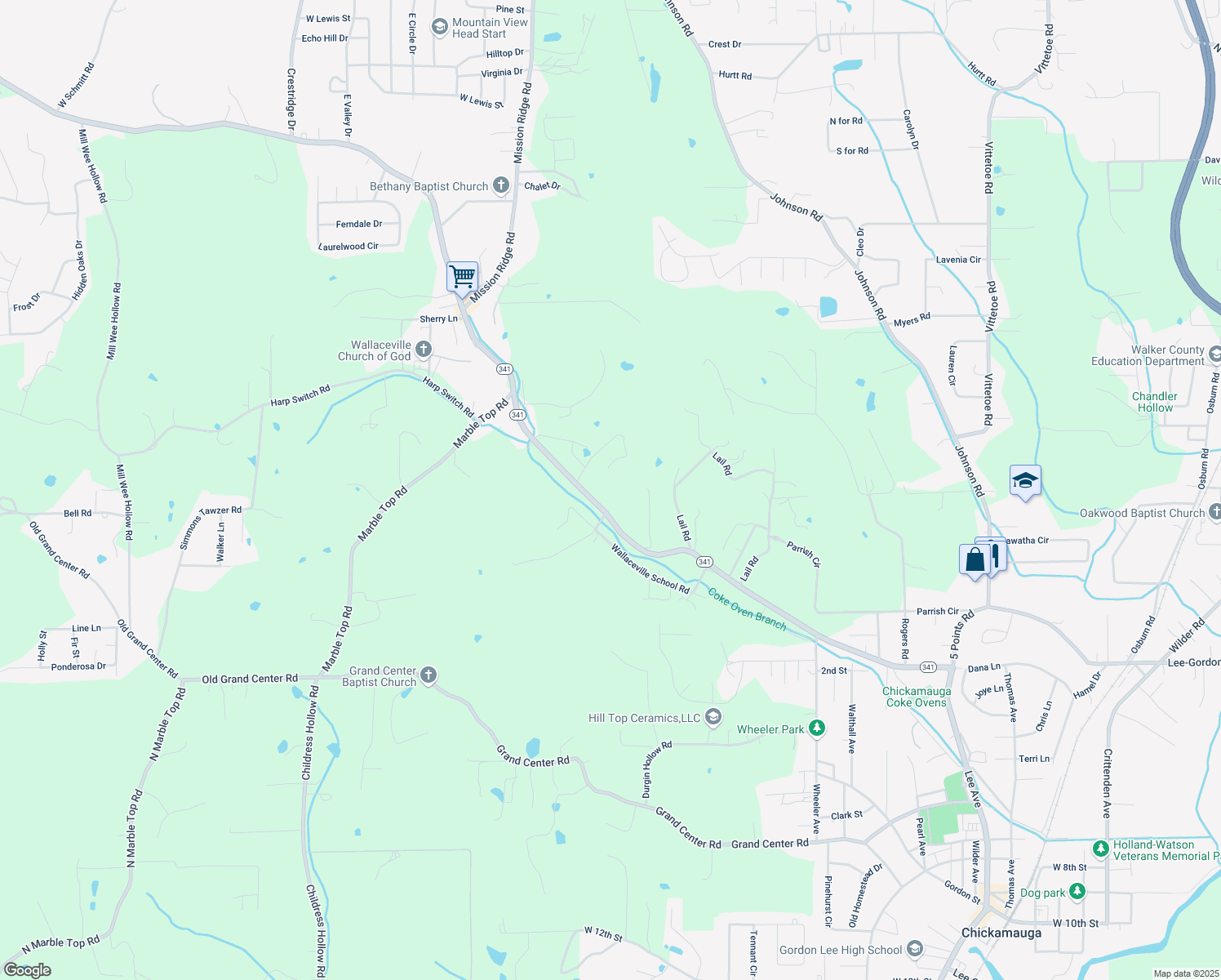 map of restaurants, bars, coffee shops, grocery stores, and more near 1238 Georgia 341 in Chickamauga