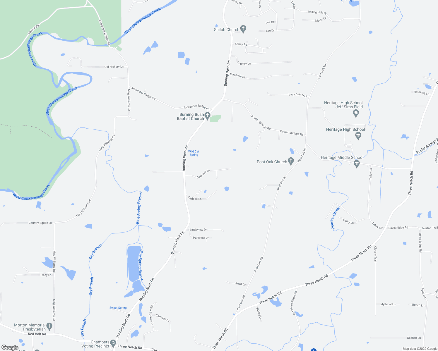 map of restaurants, bars, coffee shops, grocery stores, and more near 25 Rock Bluff Drive in Ringgold