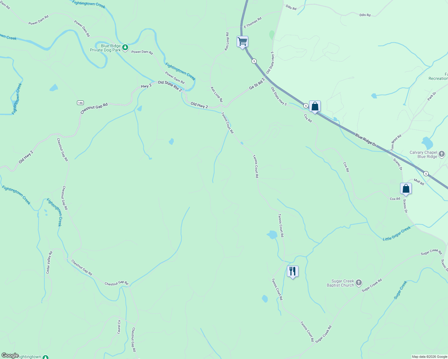map of restaurants, bars, coffee shops, grocery stores, and more near 520 Sun Rock Mountain Road in Blue Ridge