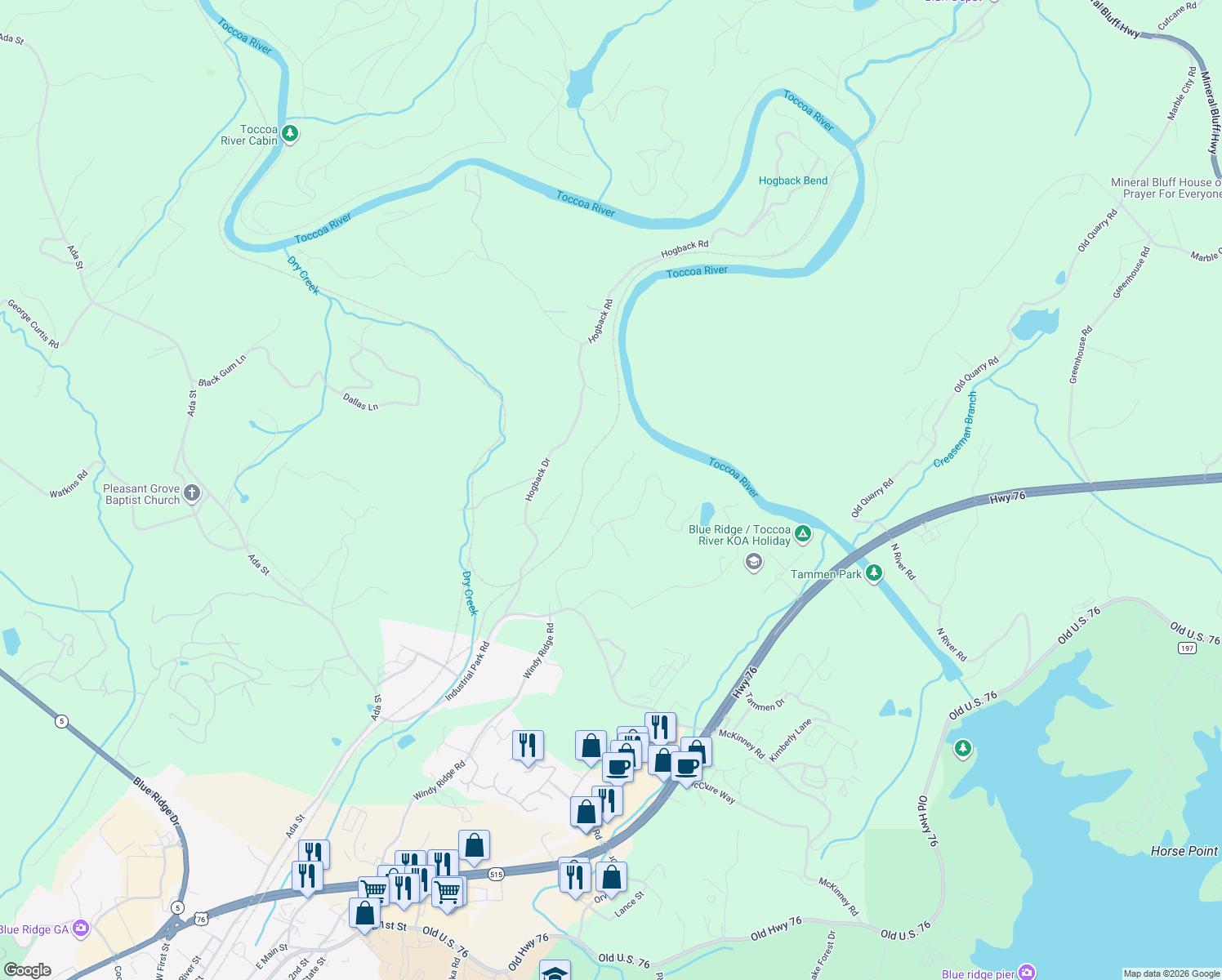 map of restaurants, bars, coffee shops, grocery stores, and more near River Way in Fannin County