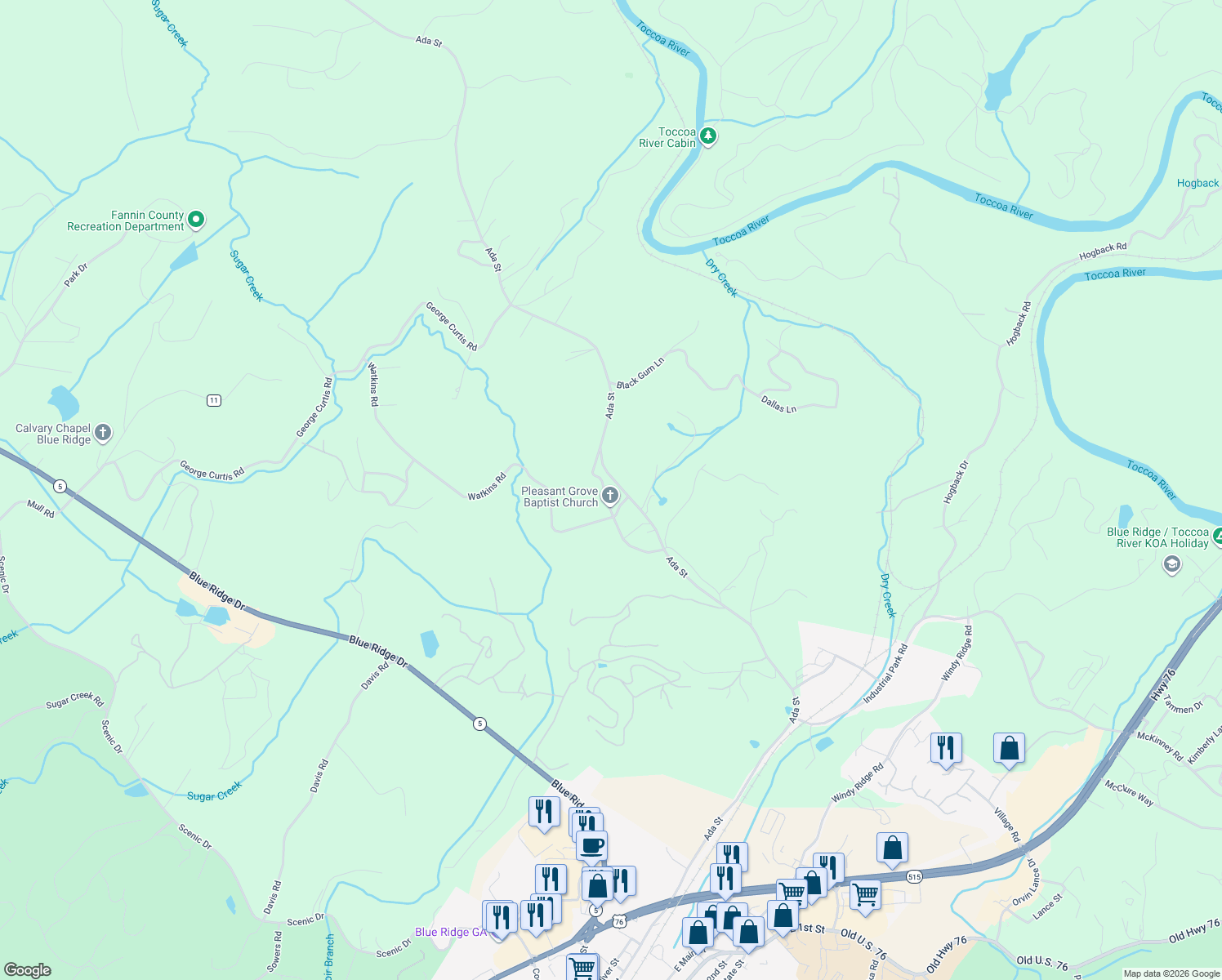 map of restaurants, bars, coffee shops, grocery stores, and more near 240 Old Copperhill Road in Blue Ridge
