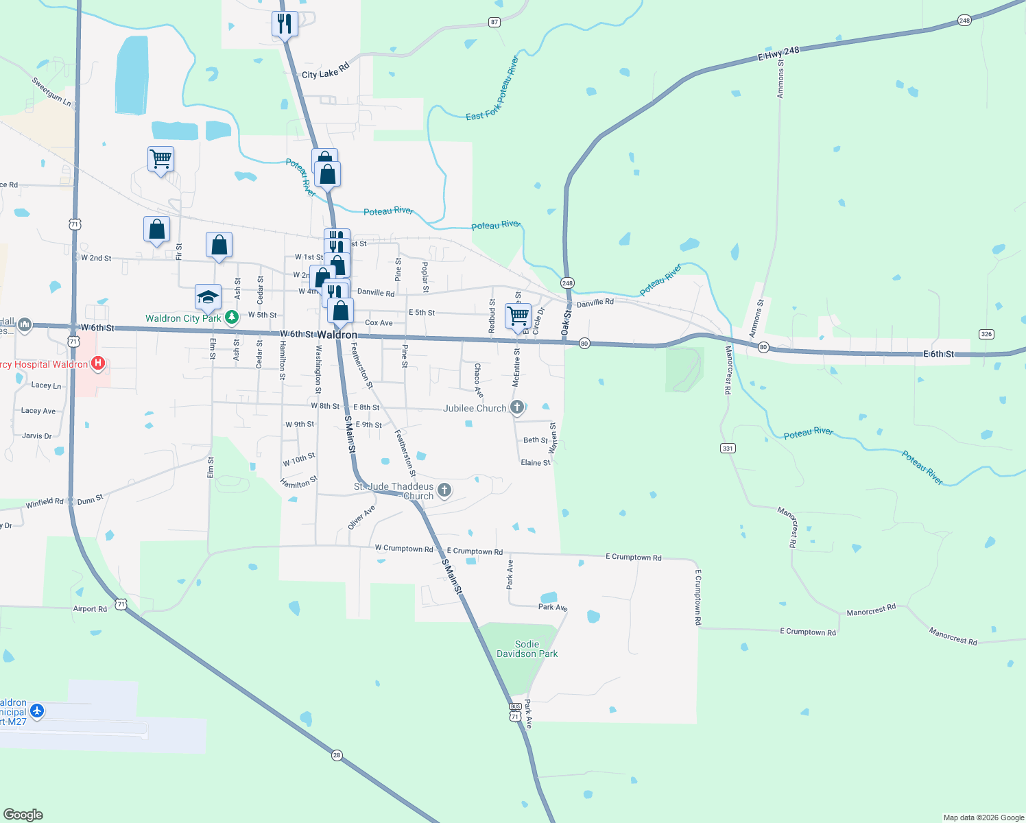 map of restaurants, bars, coffee shops, grocery stores, and more near 600 East 8th Street in Waldron