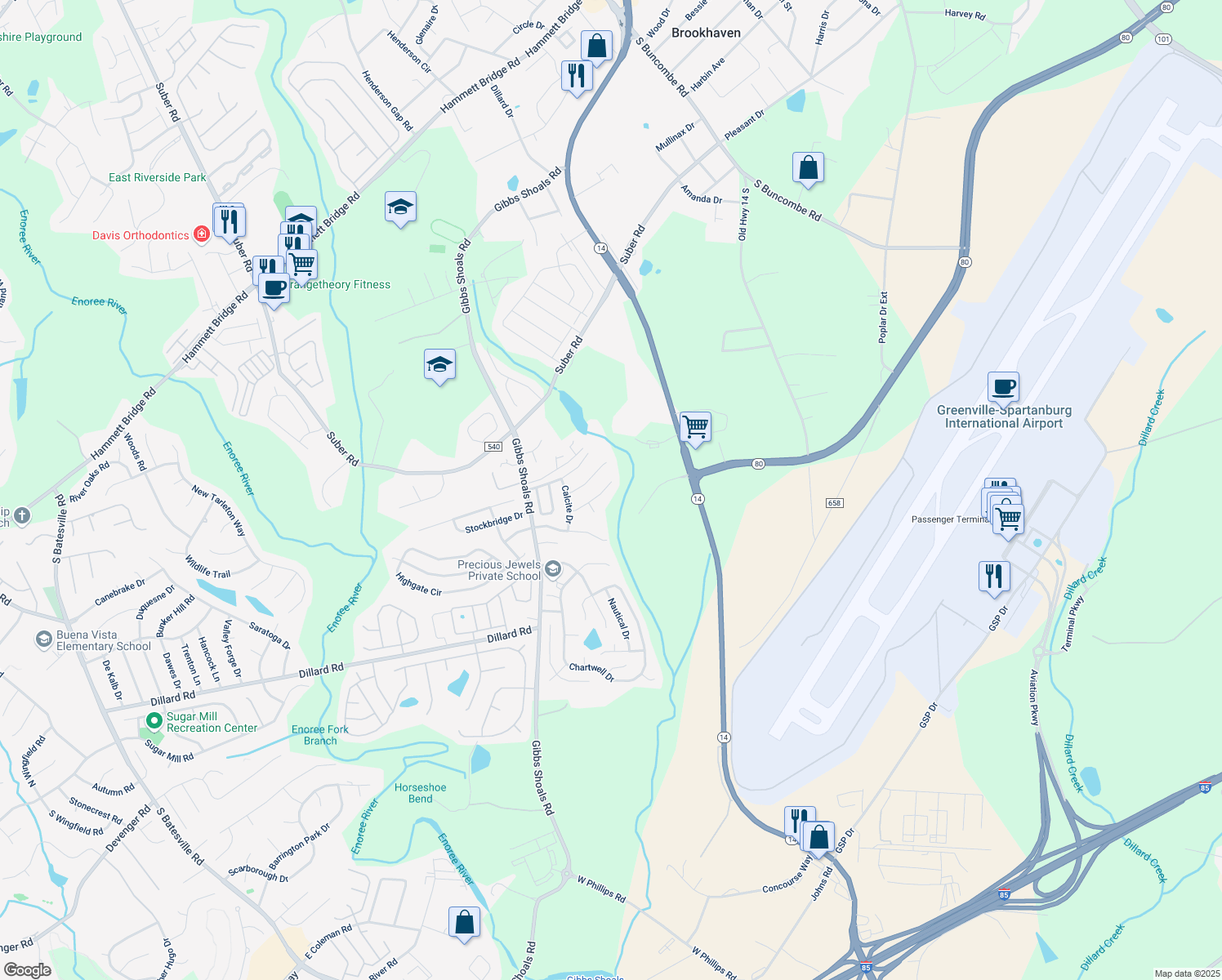 map of restaurants, bars, coffee shops, grocery stores, and more near 114 Slate Lane in Greer