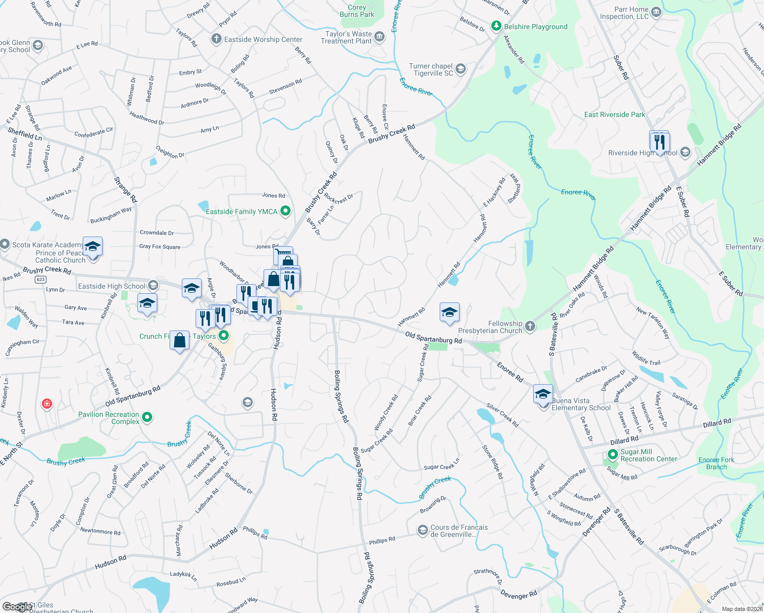 map of restaurants, bars, coffee shops, grocery stores, and more near 106 Cranmore Court in Greer