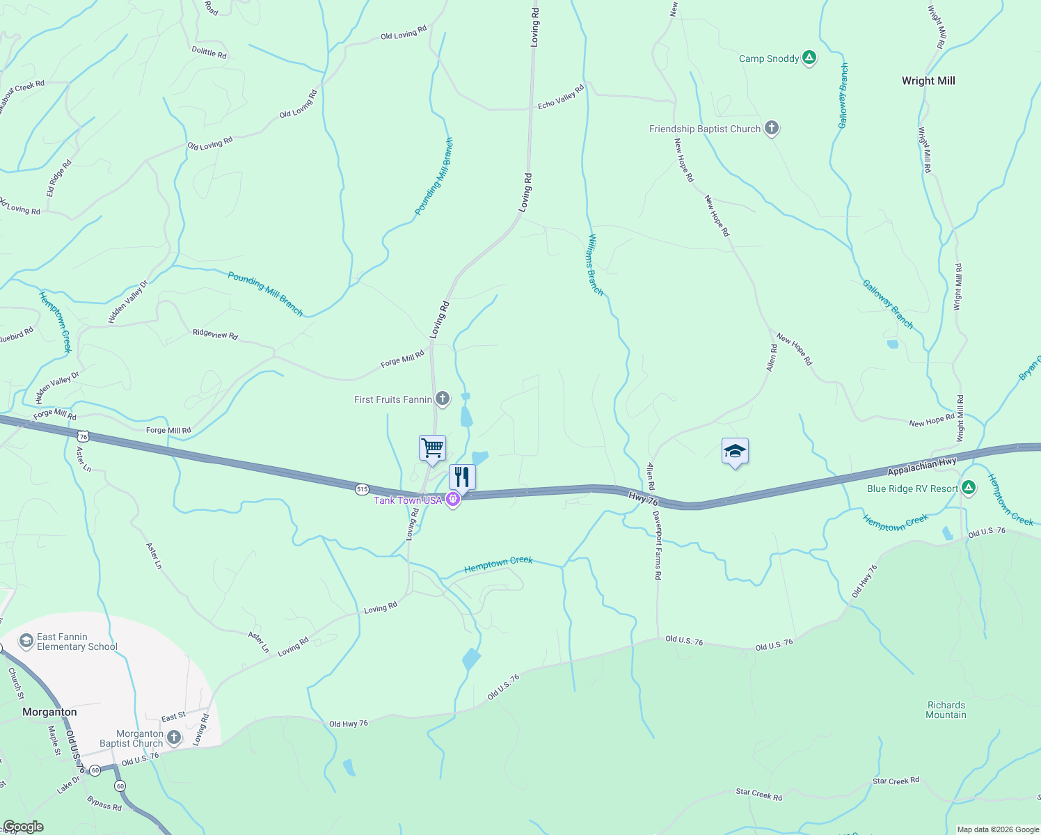 map of restaurants, bars, coffee shops, grocery stores, and more near 615 High Country Xing in Morganton