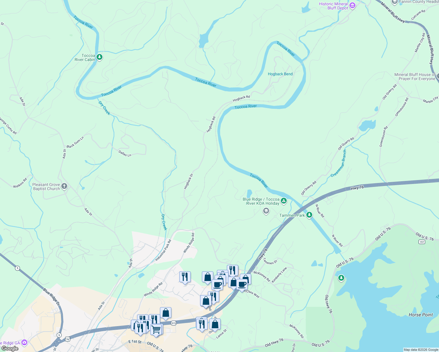 map of restaurants, bars, coffee shops, grocery stores, and more near 517 Ridge Road in Blue Ridge