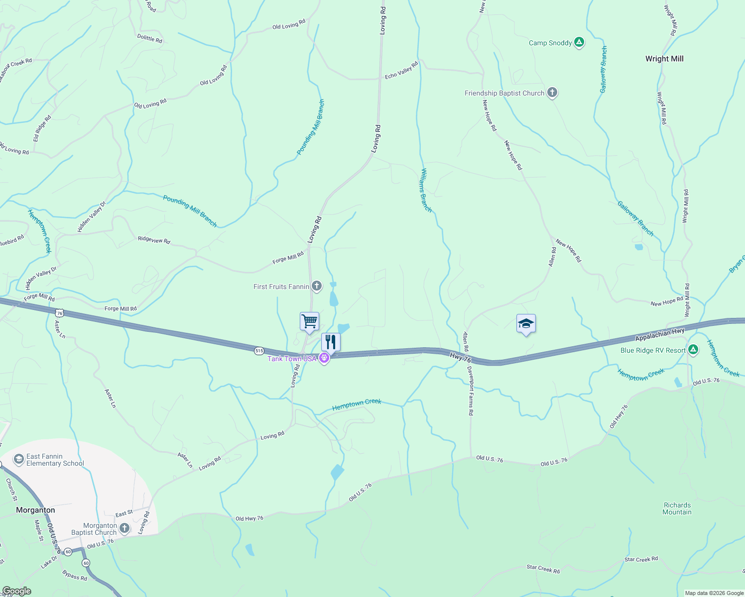 map of restaurants, bars, coffee shops, grocery stores, and more near 615 High Country Xing in Morganton