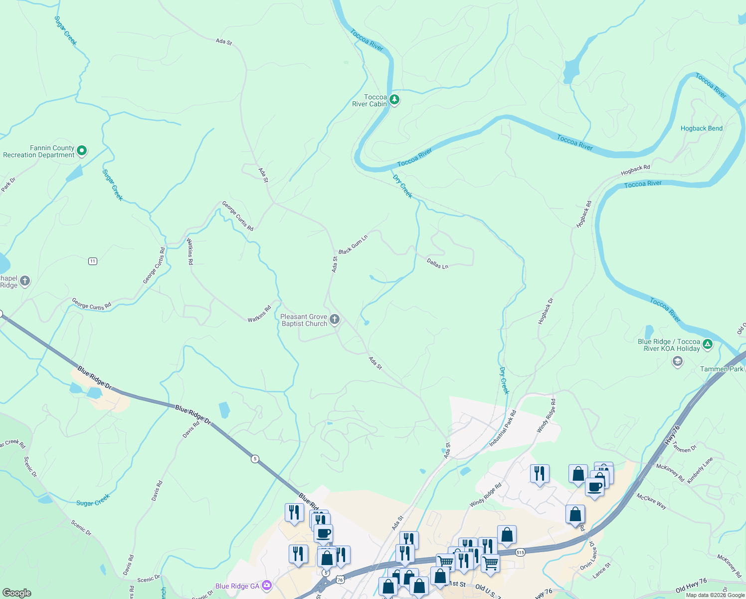 map of restaurants, bars, coffee shops, grocery stores, and more near Old Stiles Road in Blue Ridge