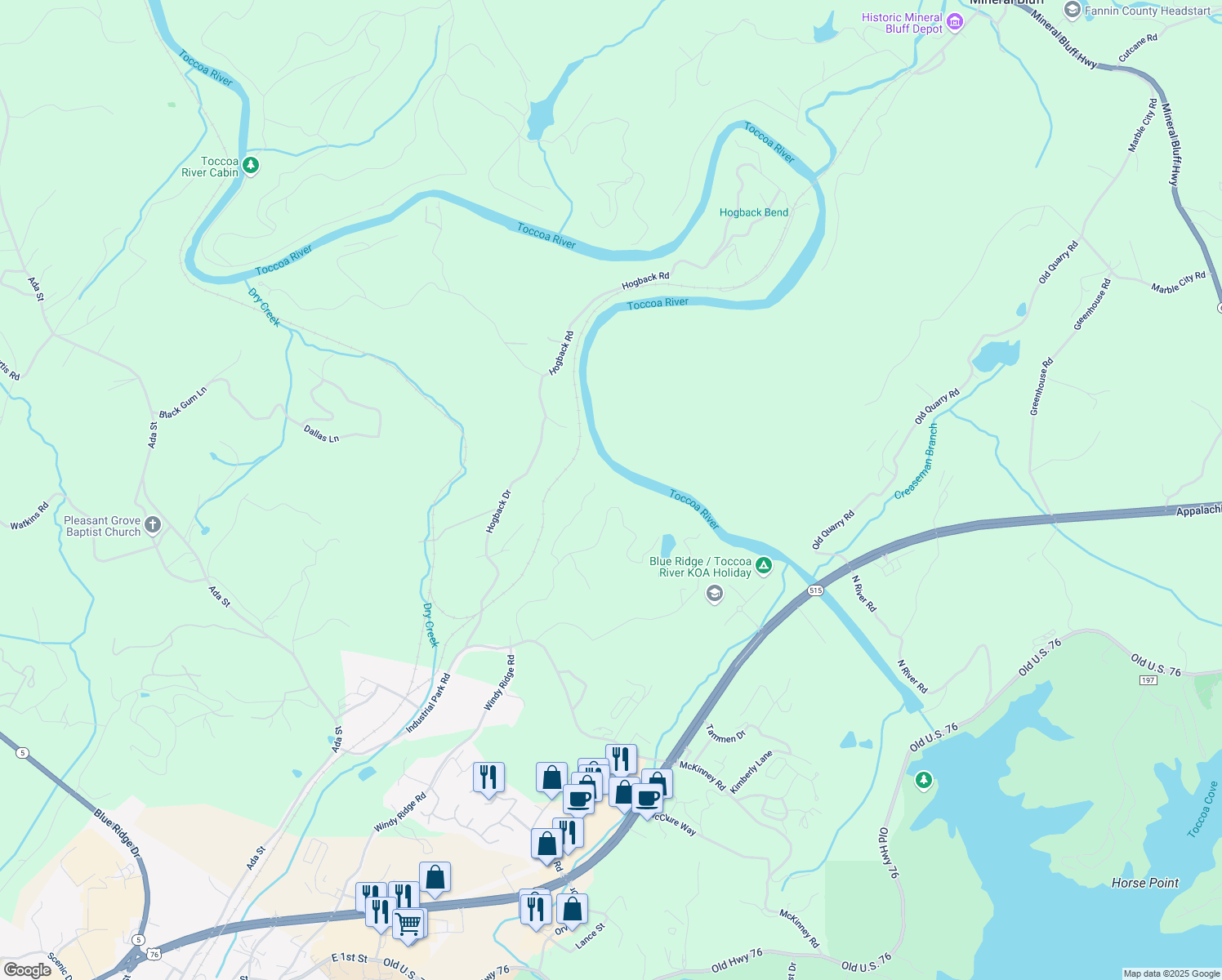map of restaurants, bars, coffee shops, grocery stores, and more near 517 Ridge Road in Blue Ridge