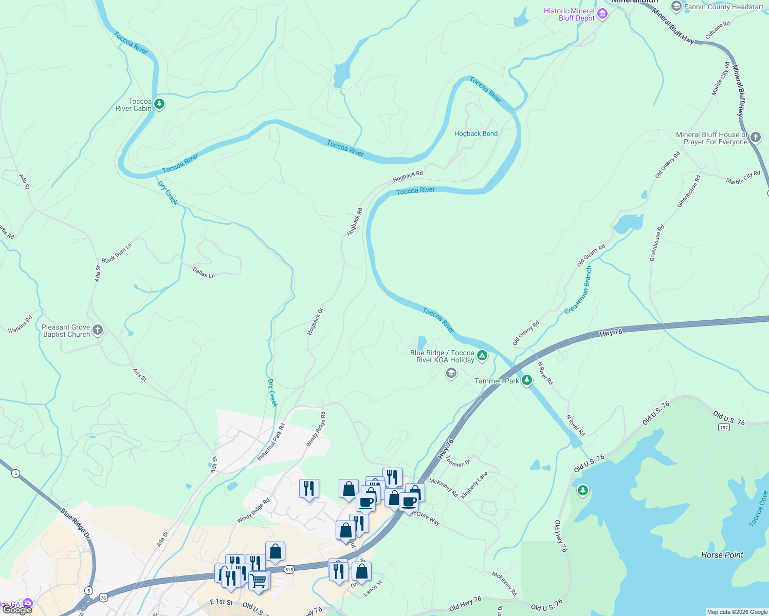 map of restaurants, bars, coffee shops, grocery stores, and more near 517 Ridge Road in Blue Ridge