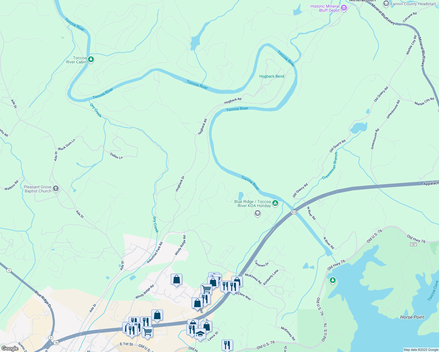 map of restaurants, bars, coffee shops, grocery stores, and more near 517 Ridge Road in Blue Ridge