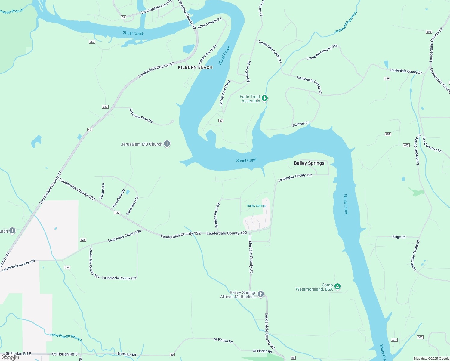 map of restaurants, bars, coffee shops, grocery stores, and more near Cliff Point Drive in Lauderdale County