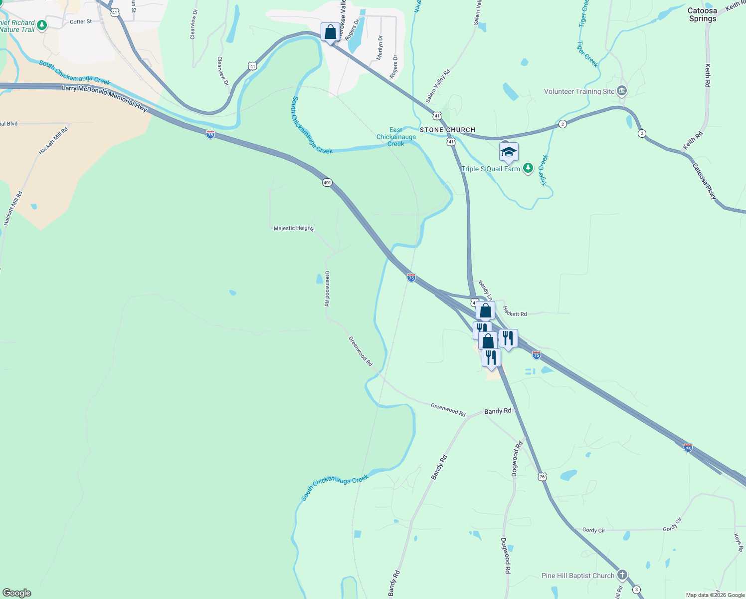 map of restaurants, bars, coffee shops, grocery stores, and more near 1028 Greenwood Road in Ringgold