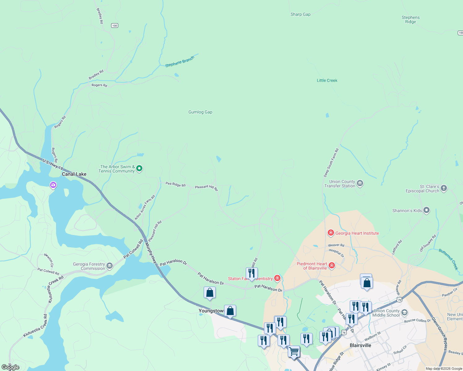 map of restaurants, bars, coffee shops, grocery stores, and more near 1005 Cardinal Peak Drive in Blairsville
