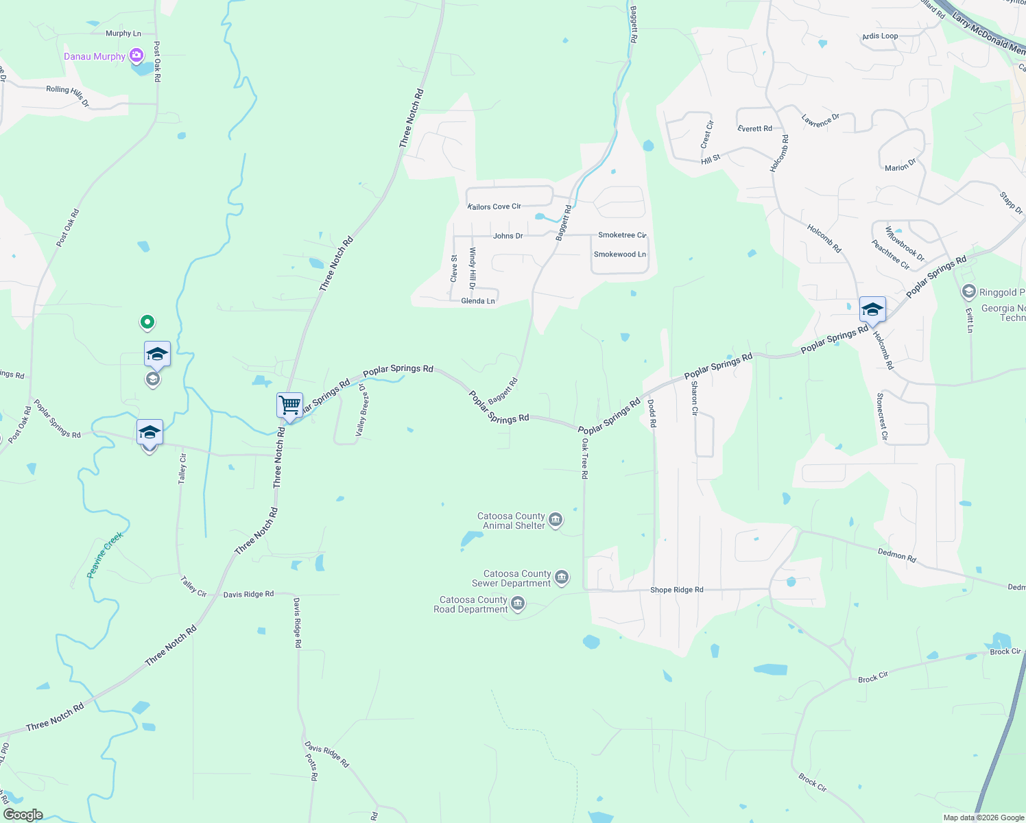map of restaurants, bars, coffee shops, grocery stores, and more near 2554 Poplar Springs Road in Ringgold