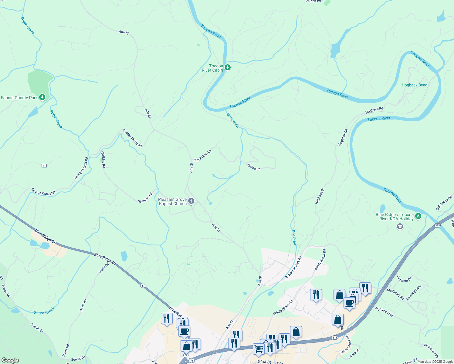 map of restaurants, bars, coffee shops, grocery stores, and more near 303 Claude Neal Lane in Blue Ridge