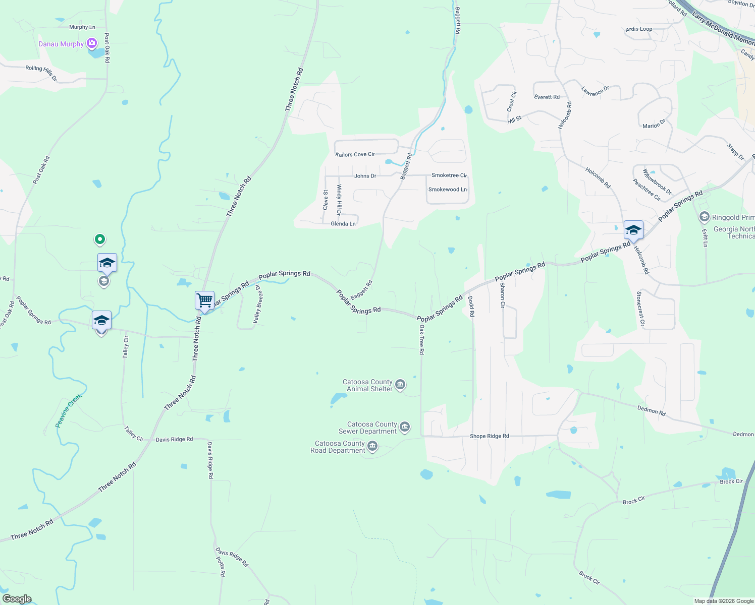 map of restaurants, bars, coffee shops, grocery stores, and more near 2554 Poplar Springs Road in Ringgold