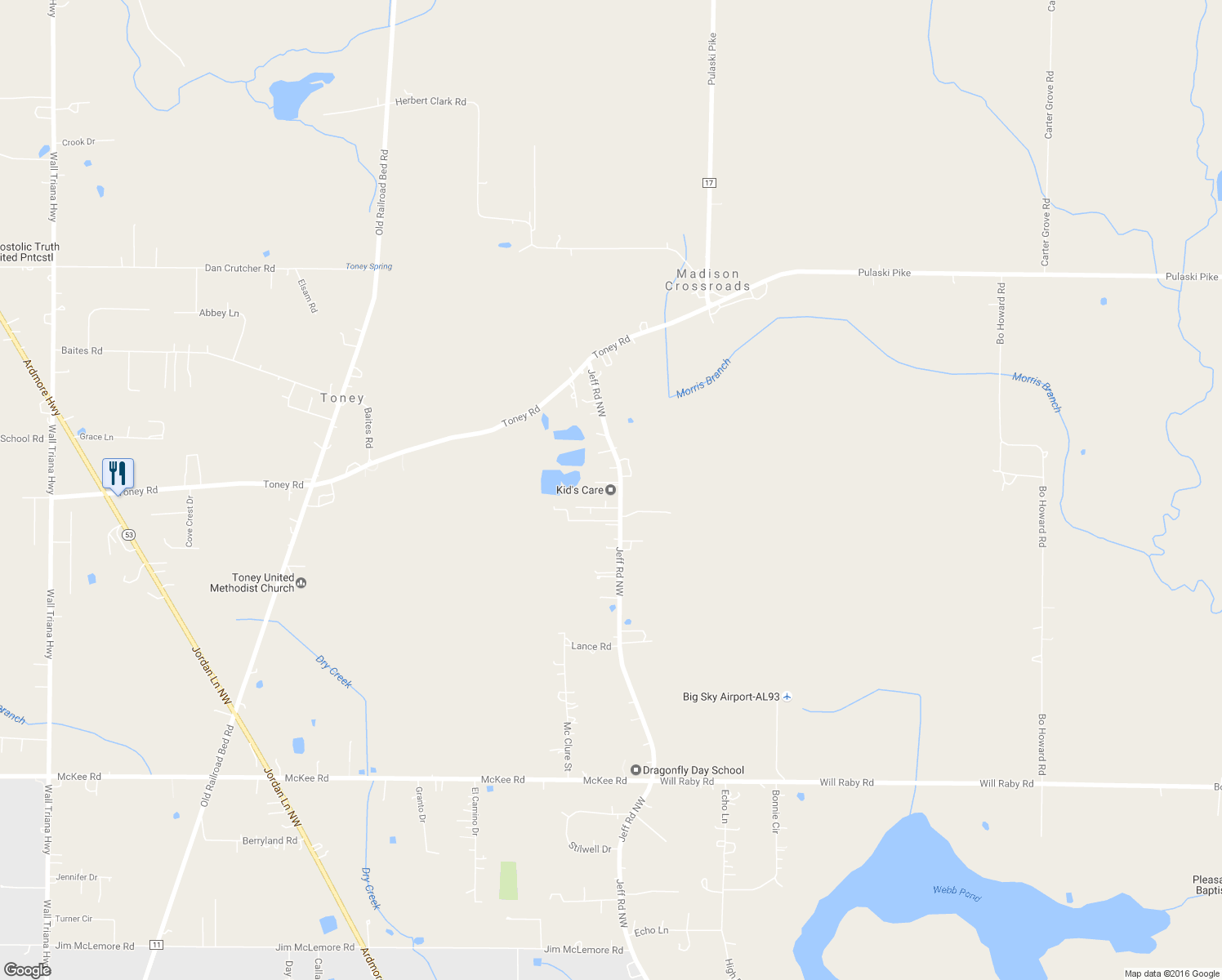 map of restaurants, bars, coffee shops, grocery stores, and more near 4556 Jeff Road Northwest in Toney