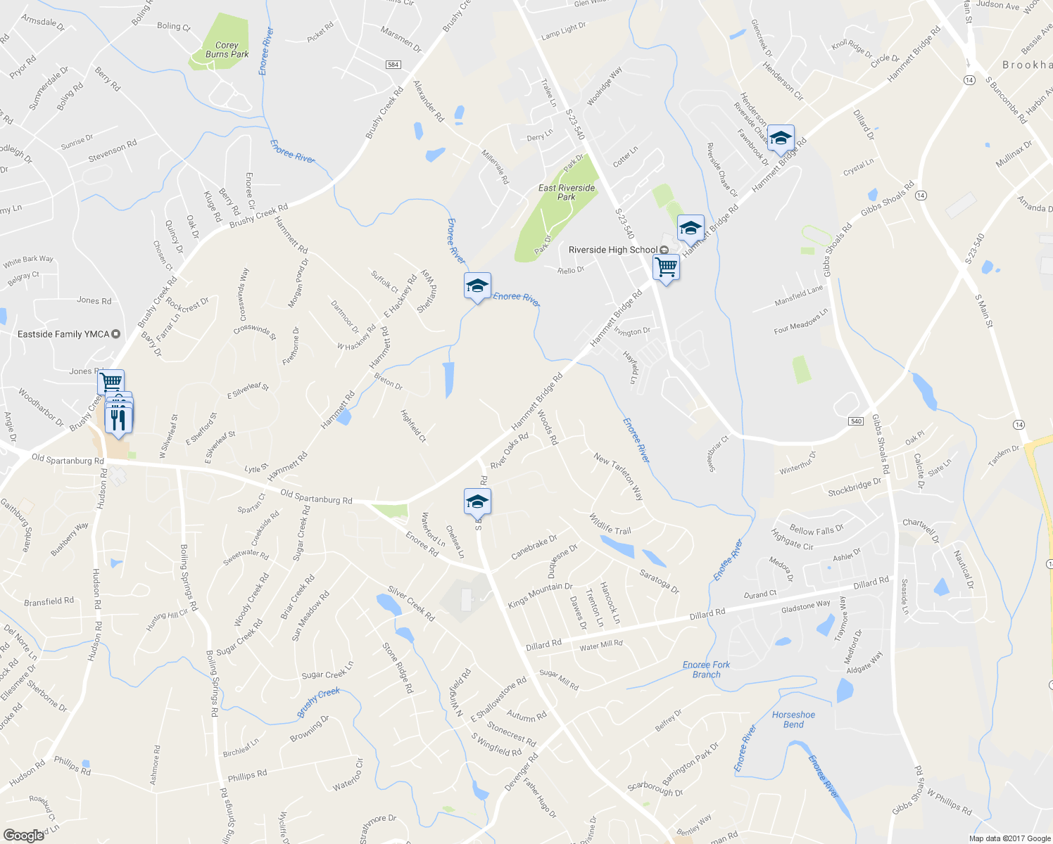 map of restaurants, bars, coffee shops, grocery stores, and more near 105 Swan River Court in Greer