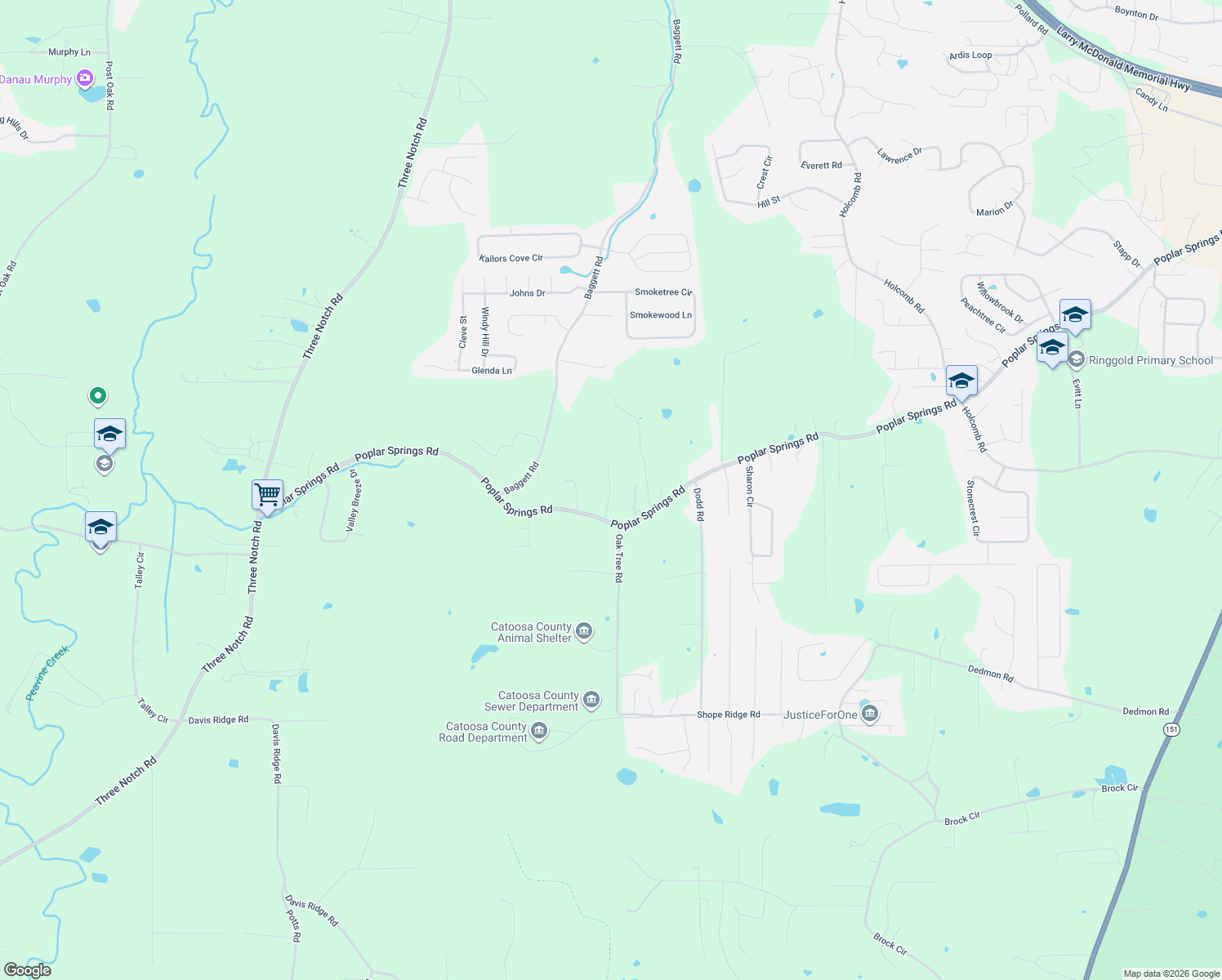 map of restaurants, bars, coffee shops, grocery stores, and more near 2390 Poplar Springs Road in Ringgold