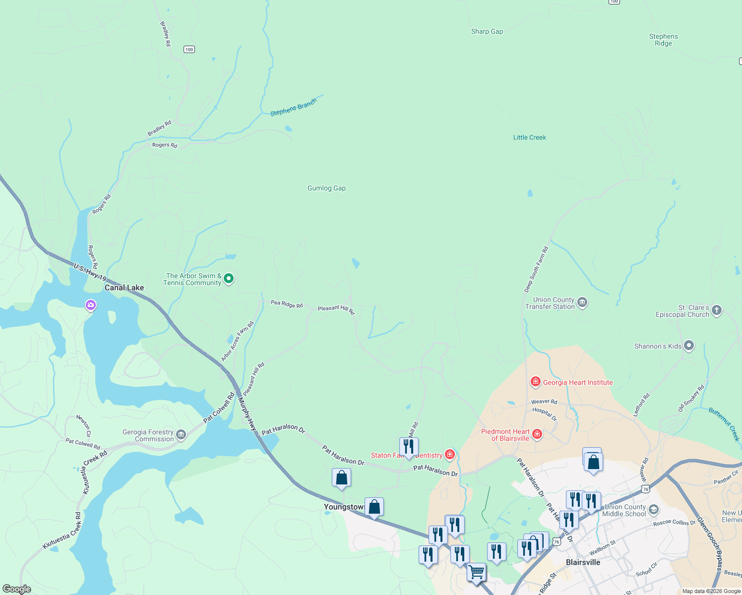 map of restaurants, bars, coffee shops, grocery stores, and more near 1005 Cardinal Peak Drive in Blairsville