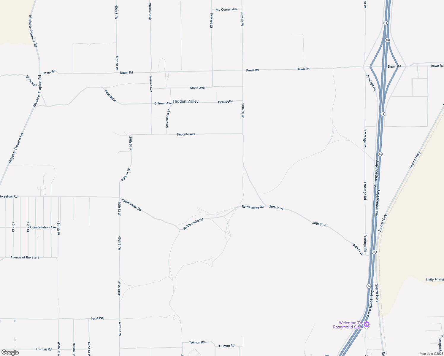 map of restaurants, bars, coffee shops, grocery stores, and more near 30th Street West in Rosamond