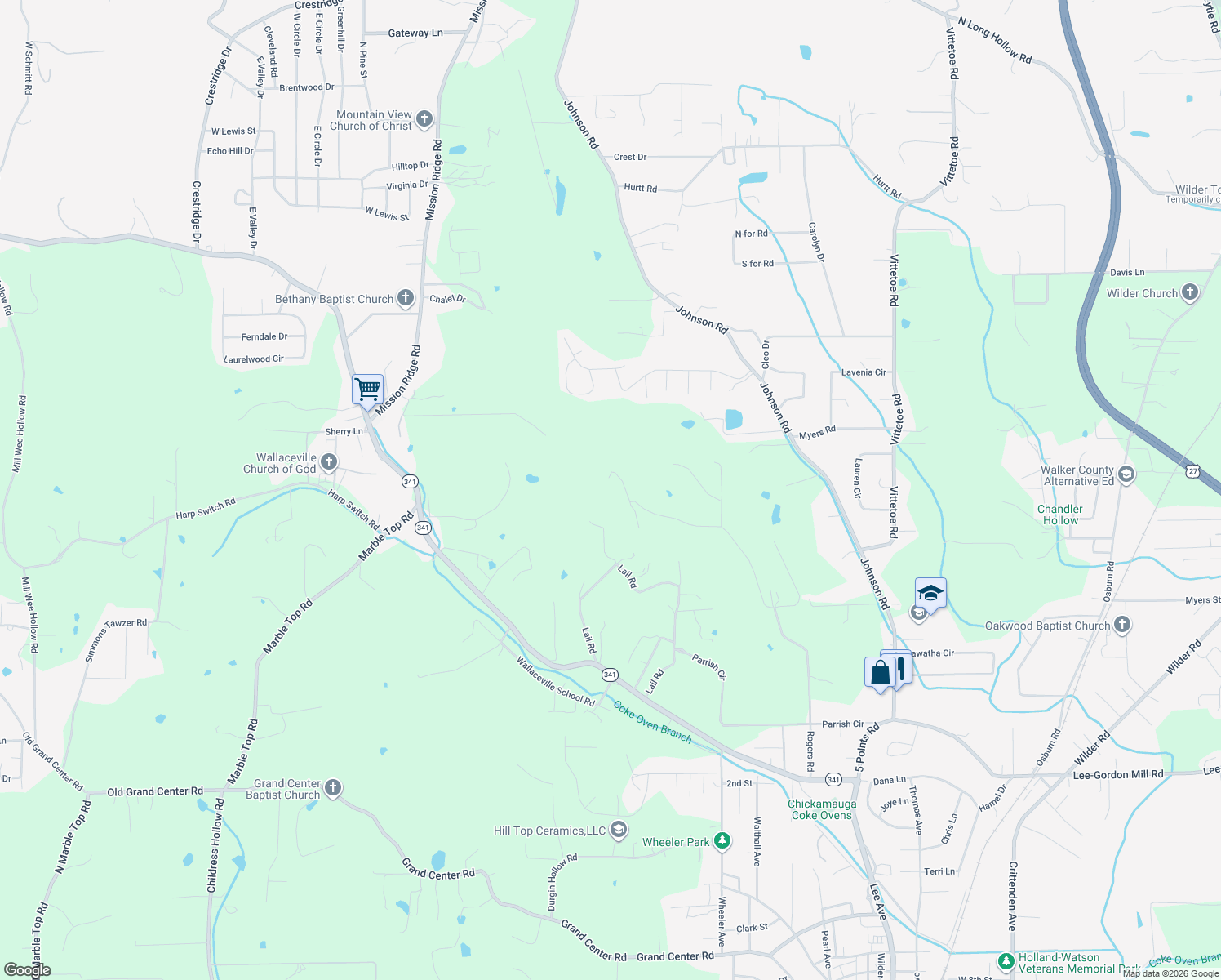 map of restaurants, bars, coffee shops, grocery stores, and more near 1068 Rogers Road in Chickamauga