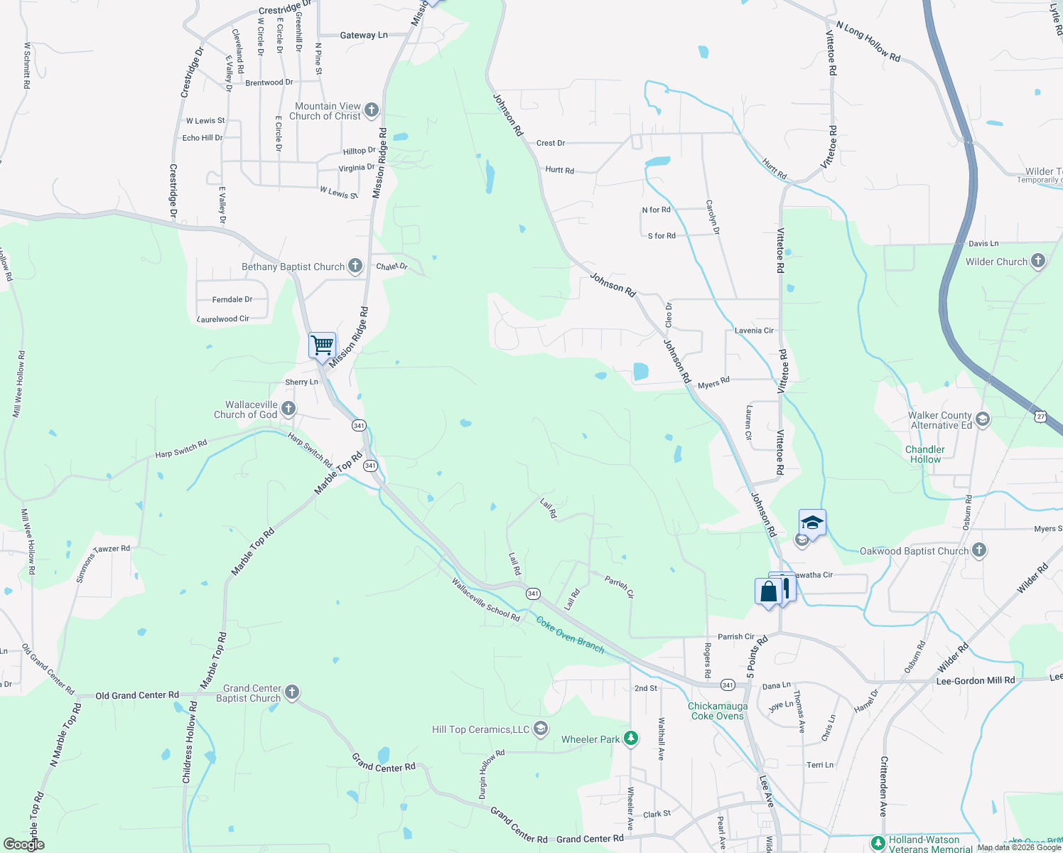map of restaurants, bars, coffee shops, grocery stores, and more near 1068 Rogers Road in Chickamauga