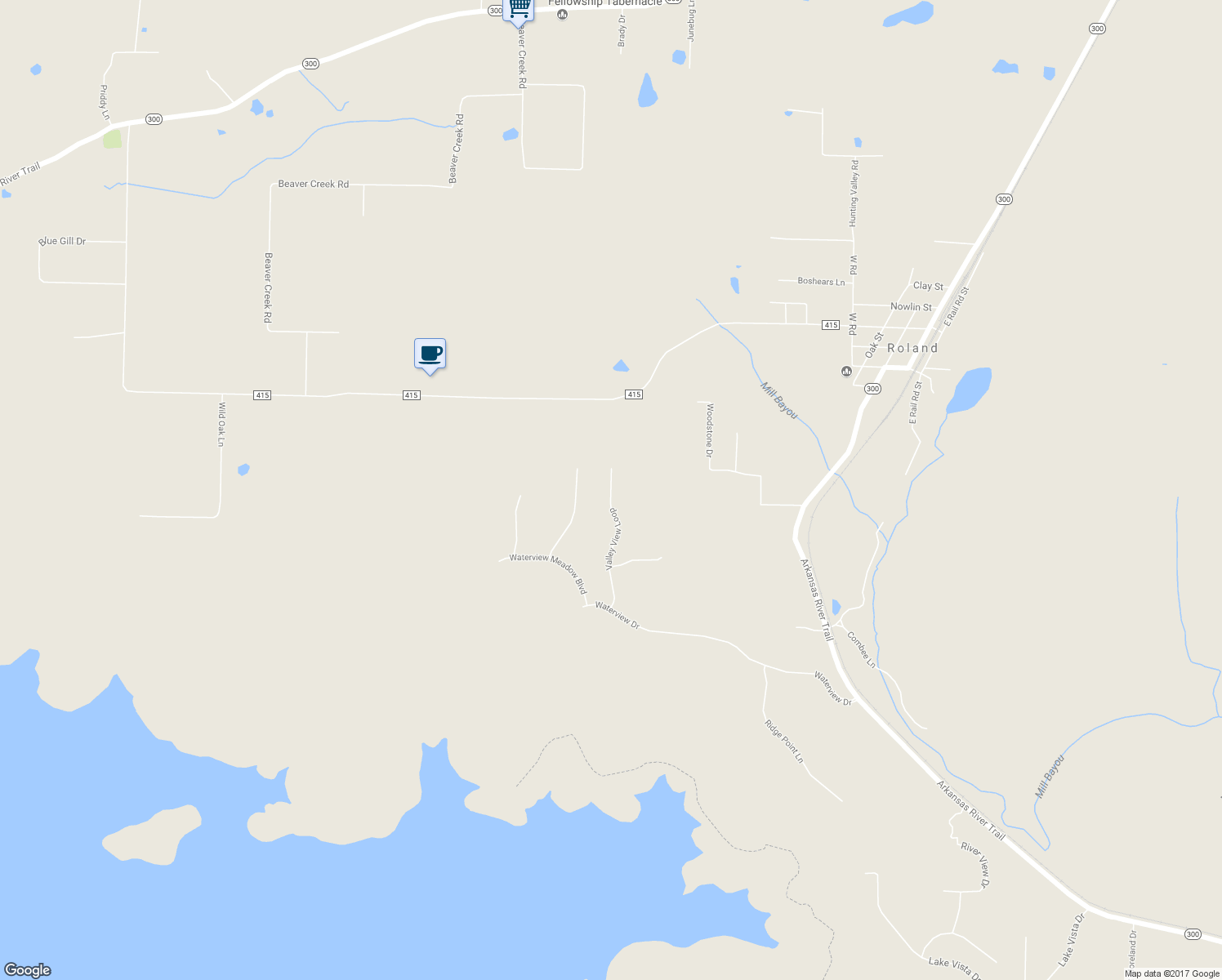 map of restaurants, bars, coffee shops, grocery stores, and more near 17114 Valley View Loop in Roland