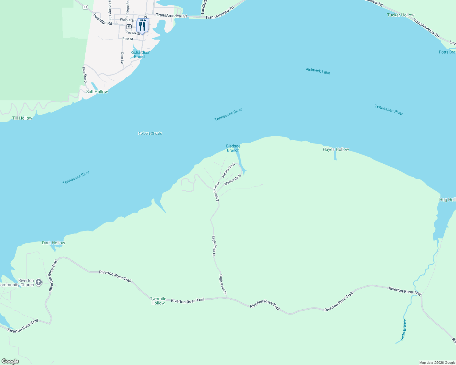 map of restaurants, bars, coffee shops, grocery stores, and more near Marina Circle South in Colbert County