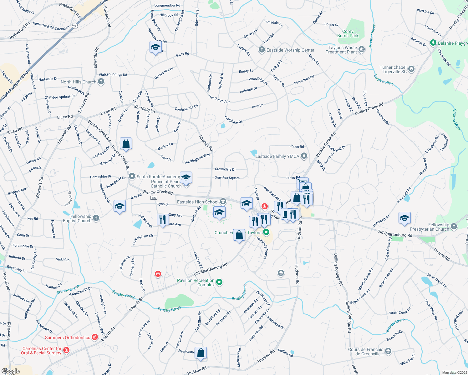 map of restaurants, bars, coffee shops, grocery stores, and more near 8 Stonecutter Ln in Taylors