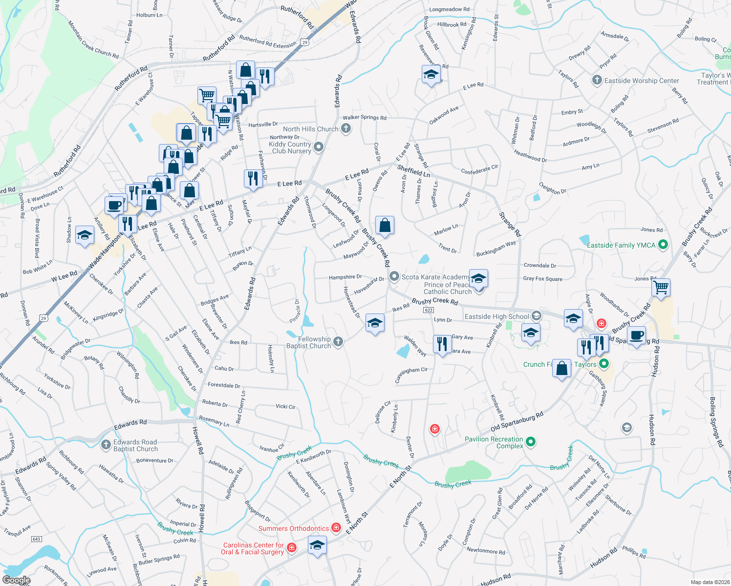 map of restaurants, bars, coffee shops, grocery stores, and more near 105 Havenhurst Drive in Taylors