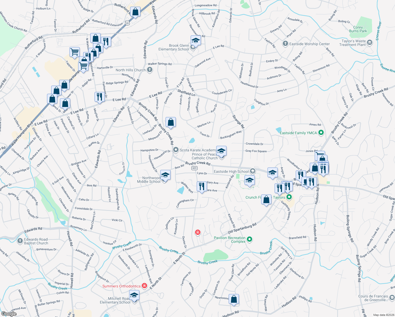 map of restaurants, bars, coffee shops, grocery stores, and more near 3 Collinwood Ln in Taylors