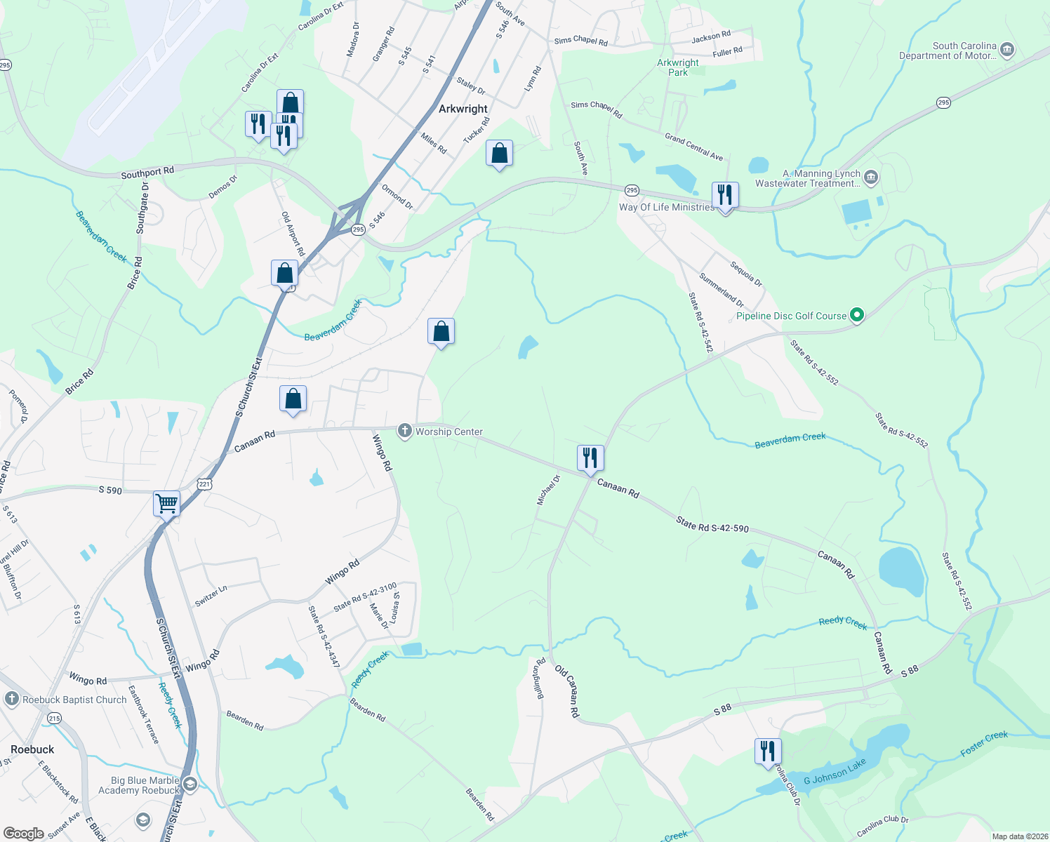 map of restaurants, bars, coffee shops, grocery stores, and more near 842 Canaan Rd in Roebuck