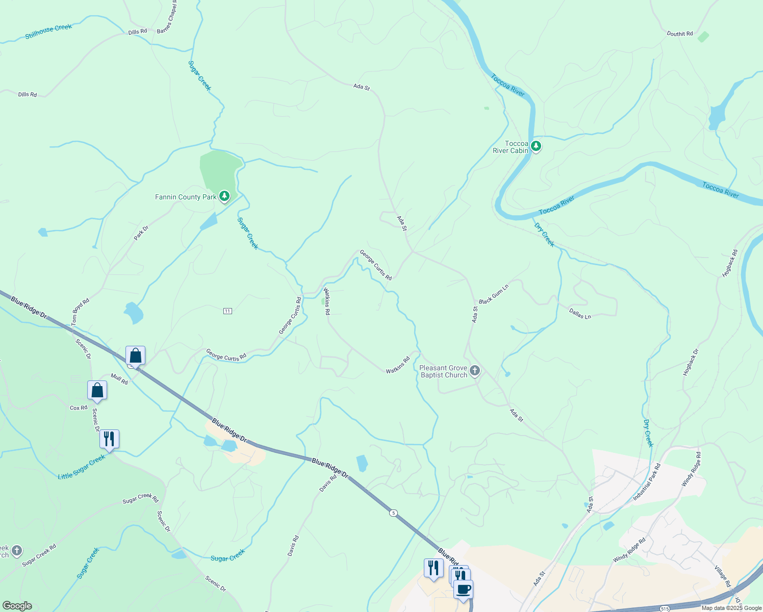 map of restaurants, bars, coffee shops, grocery stores, and more near 1700 George Curtis Road in Blue Ridge