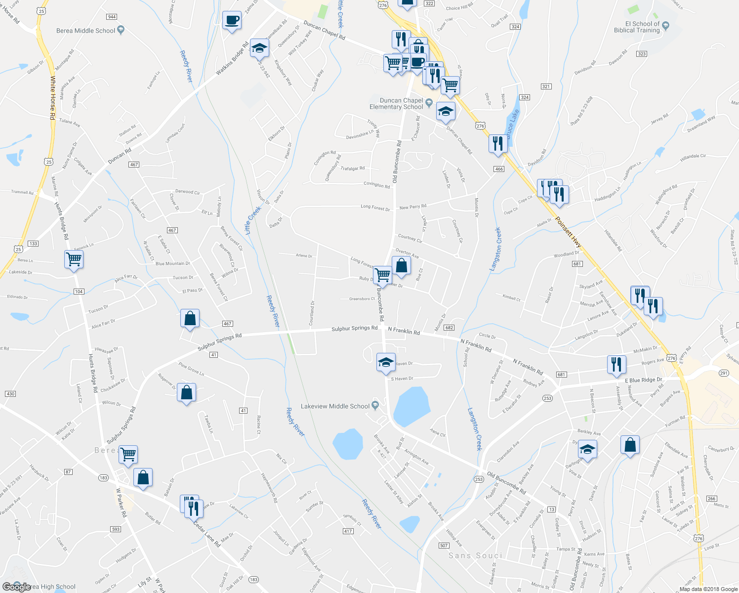 map of restaurants, bars, coffee shops, grocery stores, and more near 12 Greensboro Court in Greenville