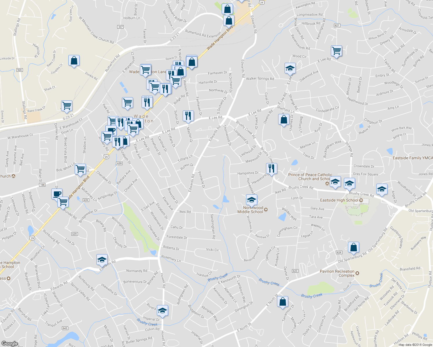 map of restaurants, bars, coffee shops, grocery stores, and more near 410 Pinnacle Drive in Taylors