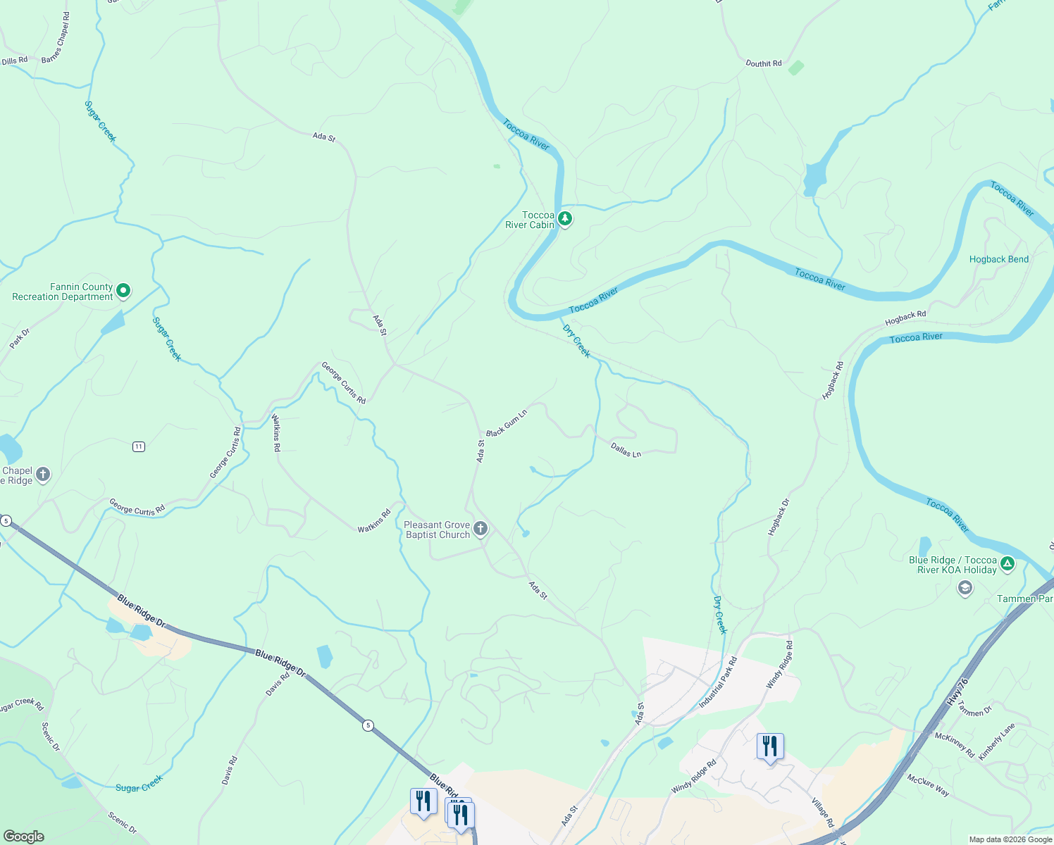 map of restaurants, bars, coffee shops, grocery stores, and more near 170 Black Gum Lane in Blue Ridge
