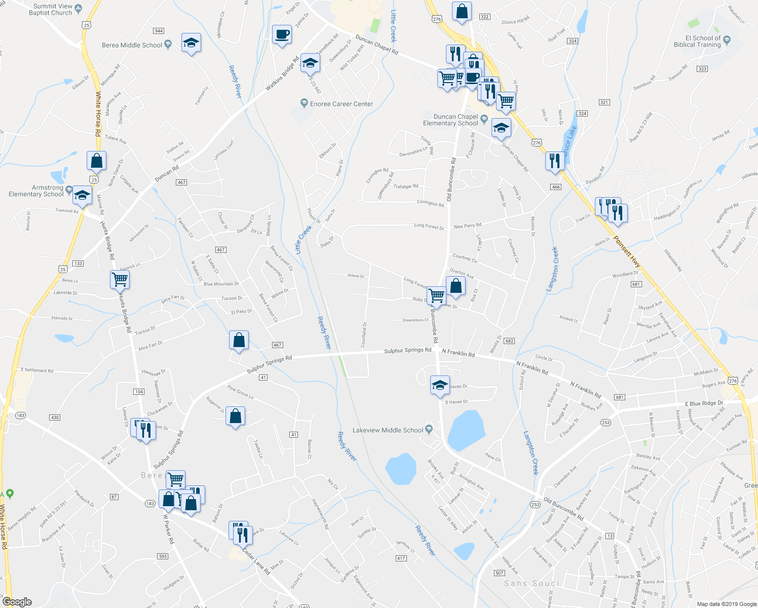 map of restaurants, bars, coffee shops, grocery stores, and more near 115 Ruby Drive in Greenville