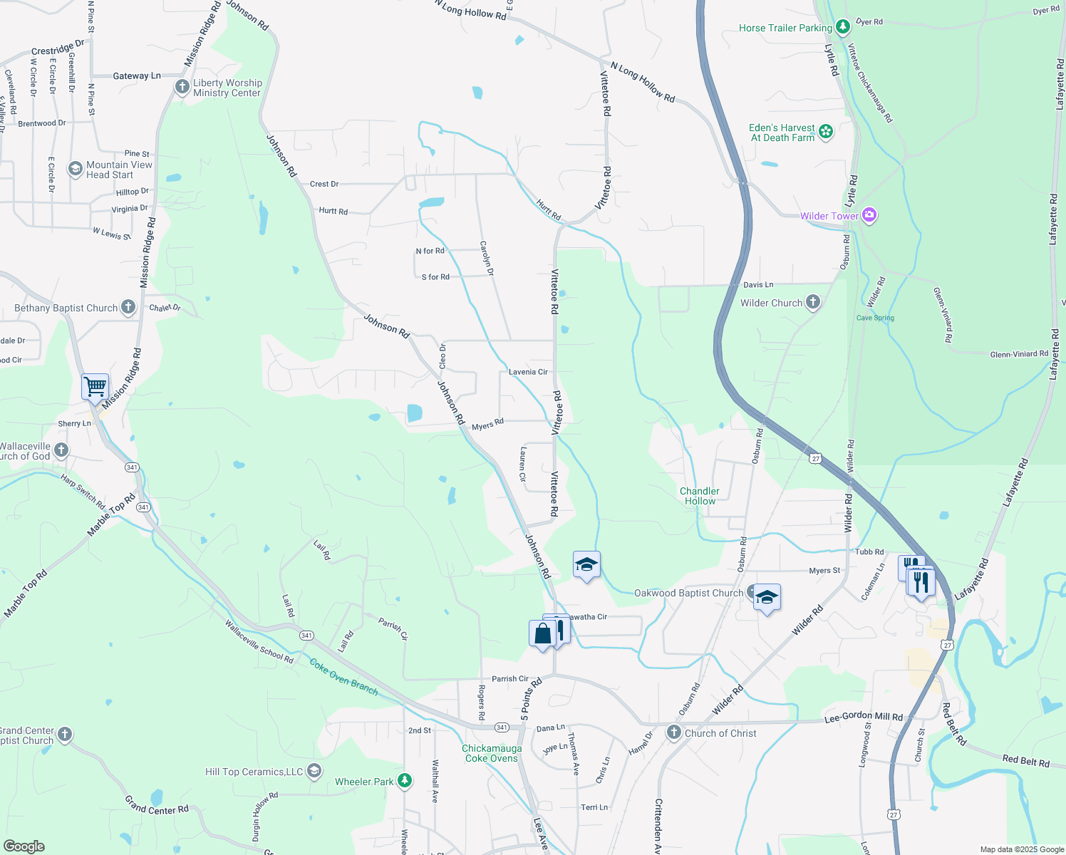 map of restaurants, bars, coffee shops, grocery stores, and more near 85 Myers Road in Chickamauga